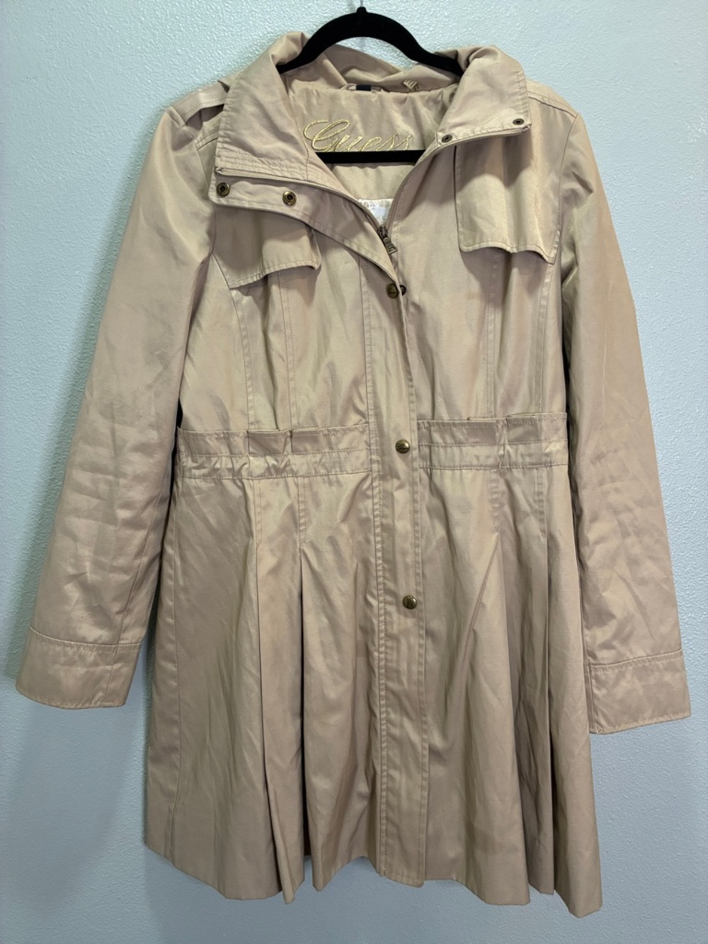 Guess Beige Hooded Trench Coat Women’s L Lightweight Rain Jacket Classic Chic